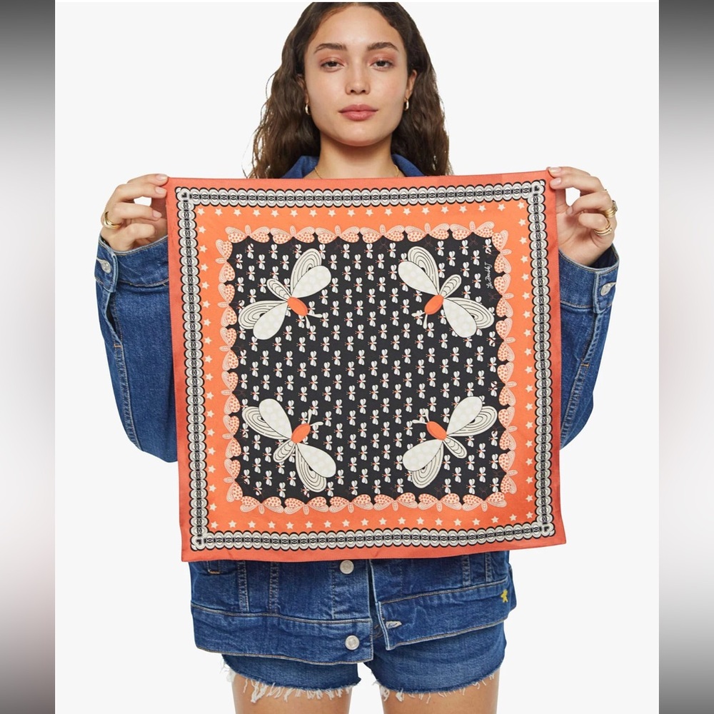 NWOT La DoubleJ × MOTHER Dragonfly Silk Orange Cream & Black Neck Bag Hair Scarf